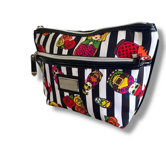Betsy Johnson Cosmetic Pouch Bag Black Stripe Nesting Doll Print Medium Zip Top - Picture 2 of 12